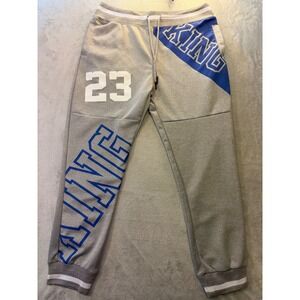 Sacred Crown Mens XXL Grey King 23 Graphic Jogger Sweatpants Blue White Striped